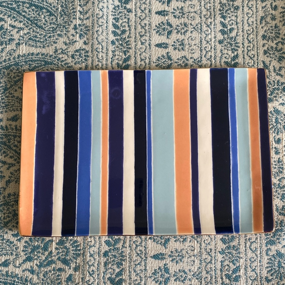 Jill Rosenwald Gold Edge Orange and Blue Stripe Pottery Tray